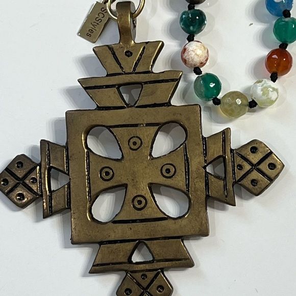 Beautiful Brass Ethiopian Cross With Hand Tied Glass Beads STUNNING!! 22 in - Picture 3 of 3